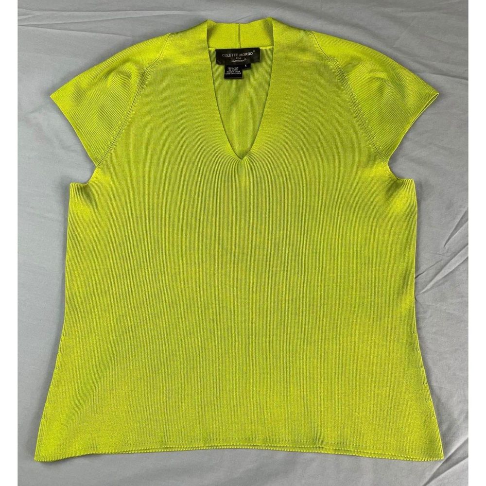 Colette Mordo For Sadimara 100% Silk V-Neck Sweater Top Green Size L Knit Cozy